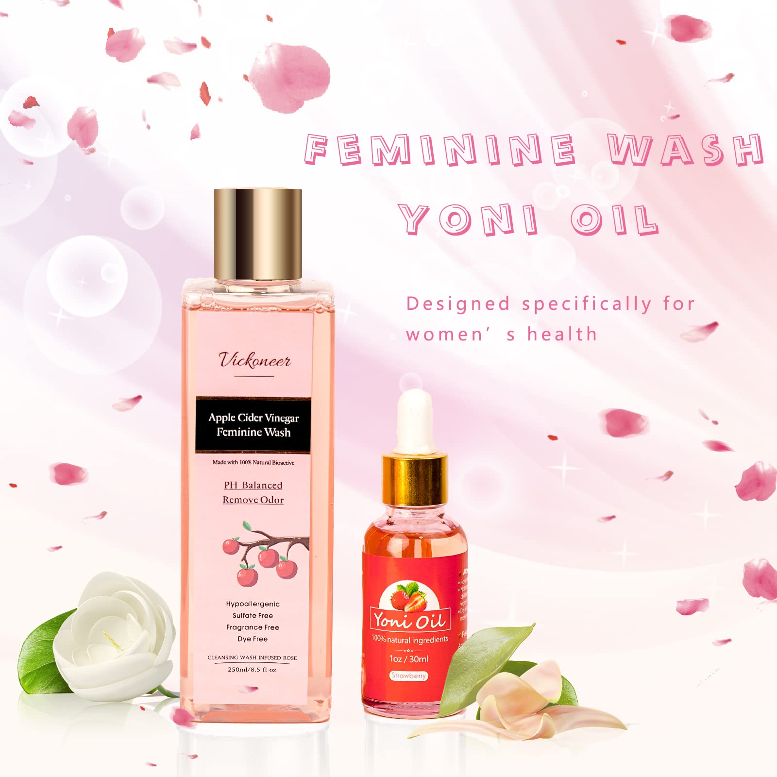 Vickoneer Yoni Wash for Women & Yoni Essential Oil, Intimate Feminine Wash Yoni Care